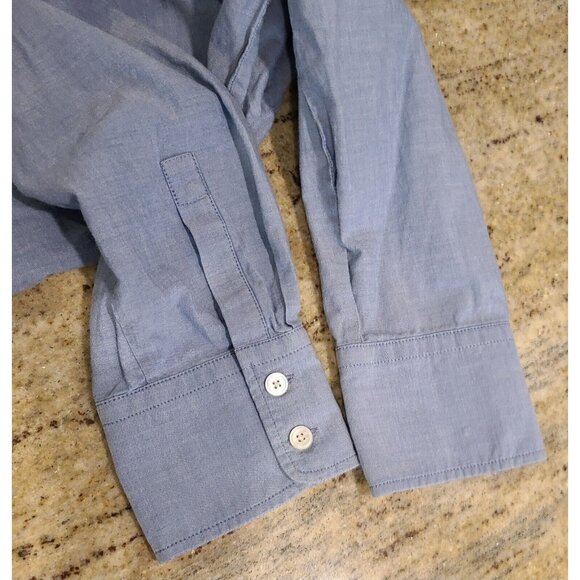 Talbots Top Women Sz 14 Blue Chambray Button Shirt Ruffle Front Roll Tab Sleeve - Picture 9 of 12